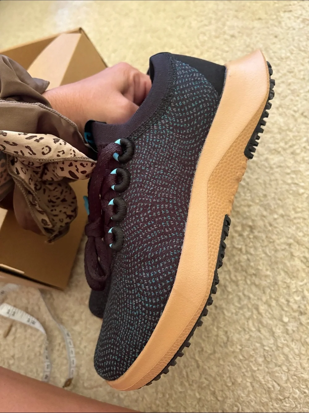 allbirds Women's dasher Black Knit Sneakers with Turquoise Accents and Gum Sole